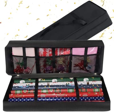 Famanu – Kerstcadeaupapier Opbergzak - Organisator voor Cadeaupapierrol met Gaasvak - Opbergdoos voor Cadeaupapierrollen - 82x12x34cm