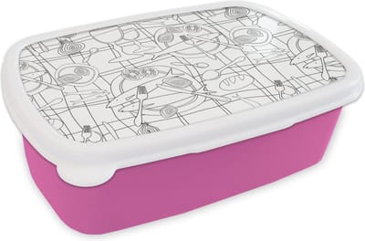 Broodtrommel Roze - Lunchbox - Brooddoos - Vis - Patronen - Zwart Wit - 18x12x6 cm - Kinderen - Meisje