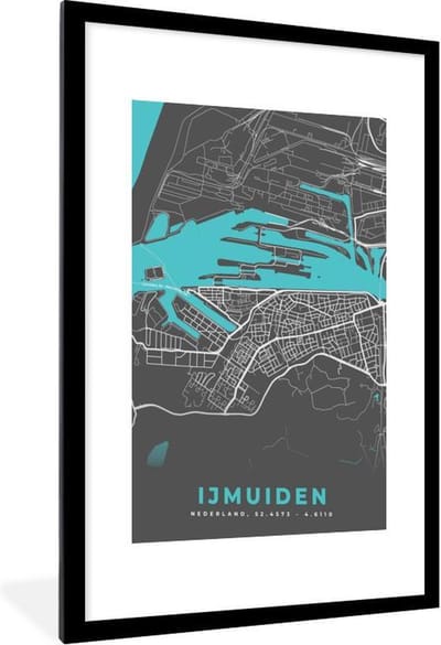 Fotolijst incl. Poster - Stadskaart - IJmuiden - Grijs - Blauw - 60x90 cm - Posterlijst - Plattegrond