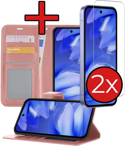Hoesje - Met 2x Screenprotector - Geschikt voor Google Pixel 9a - Luxe Pasjeshouder - Flip Case - Bookcase Portemonee - Kunstleer Book Case - Flipcase Hoes - Book Cover - Walletcase - Portemonneehoes - Telefoonhoes - Rosé goud