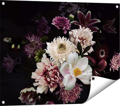 Gards Tuinposter Diverse Bloemen op Zwart Achtergrond - 80x60 cm - Tuindoek - Tuindecoratie - Wanddecoratie buiten - Tuinschilderij