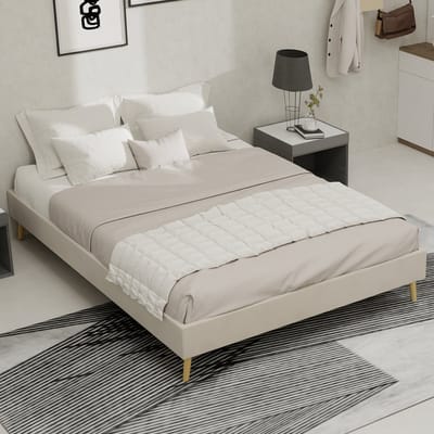 Modern minimalistisch bedframe - 140x200 cm - Beige - Nederlands fluweel - Lage basis - Moderne slaapkamermeubels. Exclusief gasveermechanisme - Hoofdbord - en matras.
