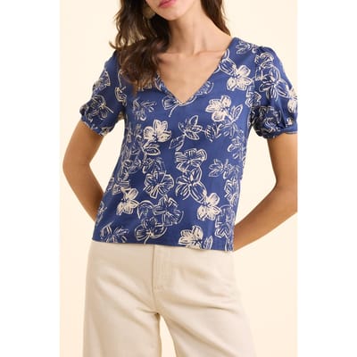 ICode Navy Top With Xl Floral Print And Bow On Back Indigo Größe: XS | Blusen Outlet | Damen | Blau