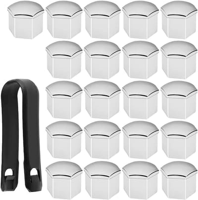 21-delige set 21mm wielmoer en boutdecoratie, zilveren afdekkappen voor wielen, inclusief verwijdertools en beschermende doppen voor autobanden