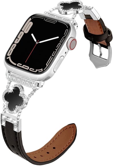 Stravo Dames Bandje met Klaverdesign – Geschikt voor Apple Watch 42mm (Series 11/10) , 41mm (Series 9/8/7), 40mm (Series 6/5/4, SE 1/2/3), 38mm (Series 3/2/1) – Luxe Leren Horlogeband met Metalen Klaver Schakels – Zilver / zwart