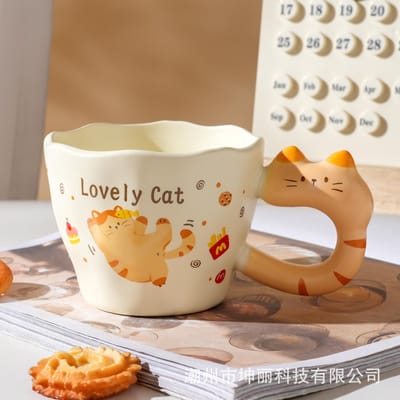 Leuke Kat Keramische Kop Leuke Mok met Deksel Drinkwater Creatieve Huishoudelijke Koffiekop Kat Keramische Kop 400ML beige