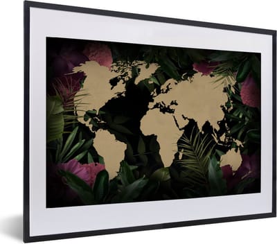 Poster in lijst - Fotolijst 60x40 cm - Posters - Wereldkaart - Bloemen - Bladeren - Posterlijst zwart - Decoratie - Wanddecoratie woonkamer - Muurdecoratie slaapkamer