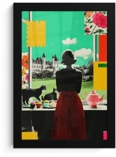 Poster in lijst - Fotolijst 20x30 cm - Posters - Vrouw - Keuken - Katten - Doorkijk - Posterlijst zwart - Decoratie - Wanddecoratie woonkamer - Muurdecoratie slaapkamer