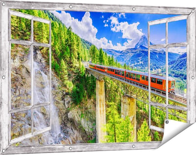 Gards Tuinposter Doorkijk Trein op een Brug bij een Waterval in Zwitserland - 120x80 cm - Tuindoek - Tuindecoratie - Wanddecoratie buiten - Tuinschilderij