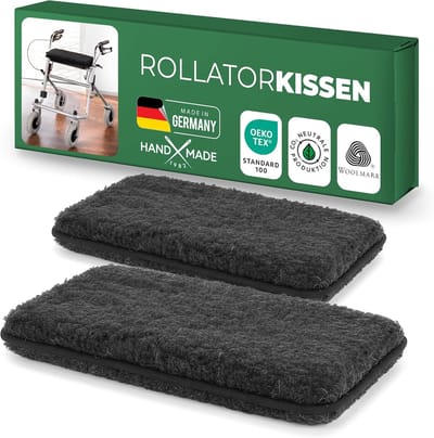 Novaliv Rollator zitkussen, antraciet, set van 2, pure wollen pool, aangenaam klimaatregulerend, 40 x 20 cm, ca. 3 cm dik, bevestiging met twee banden, universeel passend, lichtgewicht, gemaakt in Duitsland