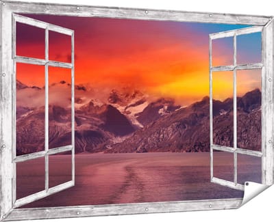 Gards Tuinposter Doorkijk Meer bij de Bergen bij Zonsondergang - 180x120 cm - Tuindoek - Tuindecoratie - Wanddecoratie buiten - Tuinschilderij
