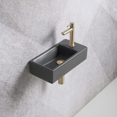 Fonteinset Mia 40.5x20x10.5cm mat antraciet rechts inclusief fontein kraan, sifon en afvoerplug mat goud