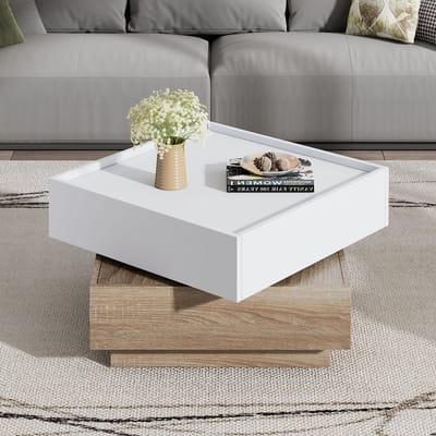 Pugsdrly Functionele salontafel, woonkamertafel, 360° draaibaar, draaibaar tafelblad met 2 lagen en opbergkast, bijzettafel met walnoothouten frame voor de woonkamer, wit, 60*60*38 cm