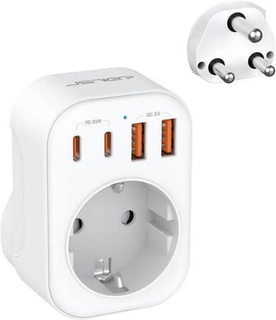 Thijox - 5-in-1 Reisadapter Zuid-Afrika Type M met 2 USB A en 2 USB C (PD 20W) voor Frankrijk, Namibië, Swaziland, Lesotho en Bhutan - Vlamvertragend