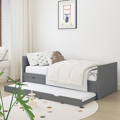 Sunny Eli Kinderbed – Onderschuifbed - Met 3 Opberglades – Kinderbed met Uitschuifbed - 206 x 97 x75 cm – Peuterbed Meisjes en Jongens – FSC 100% Hout – Met Lattenbodem – Kajuitbed - Exclusief Matras – Grijs