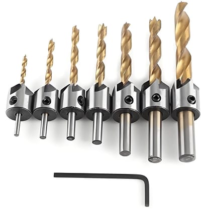 Dailygoods- Verzinkboor Set 7 Stuks - Koolstofstaal en 45# Staal - Boordiameters 3-10 mm - Freesdiameter 15,8 mm - Inbussleutel 55 x 20 mm - Lange levensduur - Boorset