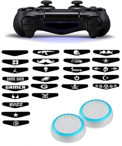 Gadgetpoint - Thumb Grips + Stickers voor PS4, PlayStation 4 - Gaming Thumbgrips - Performance Thumbsticks - Anti-Slip Joystick Caps - Bescherming Accessoires - Wit/Blauw + Willekeurige Sticker