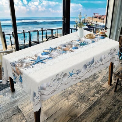 Nappe sur le thème de l'océan, Housse de table style plage côtière Étoile de mer Coquillage Conque Corail Sable Impression Papillon, Polyester Rond Rectan 140x140cm