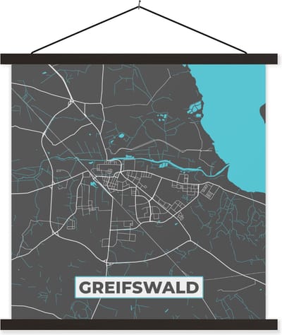 Posterhanger incl. Poster 60x60 cm - Schoolplaat - Duitsland – Blauw – Greifswald– Stadskaart – Kaart – Plattegrond - Textielposter - Zwarte latten - Stadskaart
