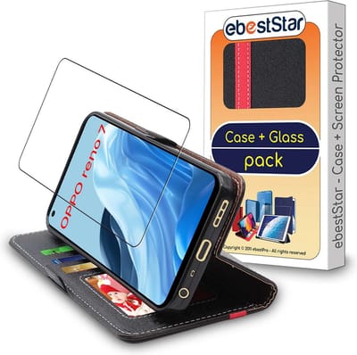 ebestStar - Hoes geschikt voor Oppo Reno7 4G, Wallet Etui, Book case hoesje, Zwart, Rood + Gehard Glas