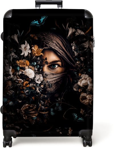 NoBoringSuitcases.com® - Koffer groot - Reiskoffer lichtgewicht - Vrouw - Bloemen - Vlinder - Hoofddoek - Zwart - Rolkoffer met 4 wielen - Grote trolley XL - 98 liter bagage