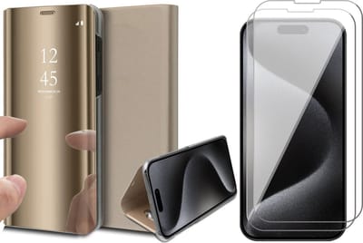 Hoesje geschikt voor iPhone 15 Pro - 2x Screen Protector GlassGuard - Book Case Spiegel Goud & Screenprotector