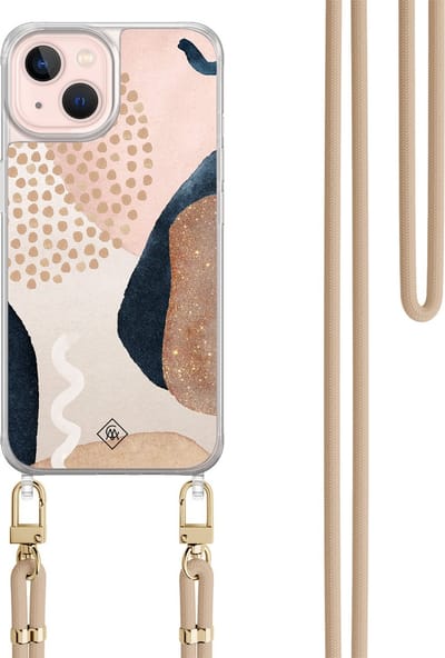 Casimoda® hoesje met beige koord - Geschikt voor iPhone 13 - Abstract Dots - Afneembaar koord - TPU/acryl - Bruin/beige