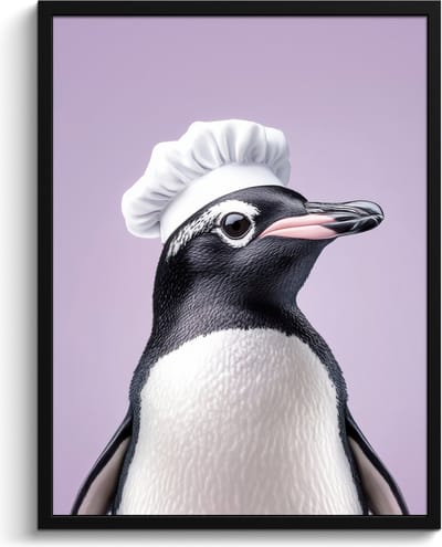 Fotolijst inclusief poster - Posterlijst 60x80 cm - Posters - Pinguïn - Koksmuts - Lief - Paars - Foto in lijst - Keuken decoratie muur - Wanddecoratie accessoires - Muurdecoratie - Schilderijen
