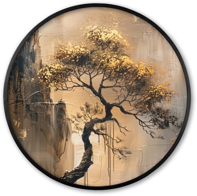 Poster in lijst Rond - Fotolijst 60x60 cm - Posters - Boom - Goud - Landschap - Verf - Ronde posterlijst zwart - Decoratie - Wanddecoratie woonkamer - Muurdecoratie slaapkamer