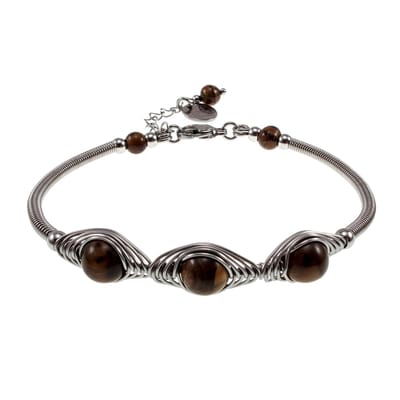 17 tot 19cm Armband Dames - RVS Zilverkleur - Coiling-Visgraat Design - Armband met Tijgeroogstenen - Verstelbaar