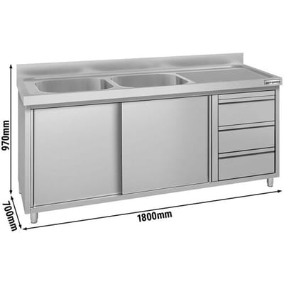 GGM Gastro Spülschrank ECO - 1800x700mm - mit 3 Schubladen & 2 Becken links