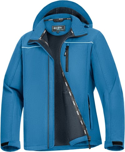 BUBW Heren Outdoorjas - Softshell Jas 4 Seizoenen - Winddicht - Waterafstotend - Outdoor Herenjas - Rits Zakken - Warme Fleece Gevoerd - Met Capuchon - Maat M - Blauw