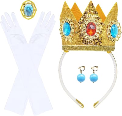 Princess Peach Kostuum Accessoire Set voor Meisjes met Kroon, Oorbellen en Handschoenen - Perfect voor Verjaardagen, Carnaval, Cosplay en Halloween Feesten