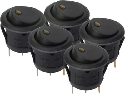 TLVX 5 stuks Schakelaar Rond Zwart met Geel lampje – LED indicator - Wipschakelaar - Aan/Uit – Tuimelschakelaar – Gele LED lamp – Inbouwschakelaar - ON/OFF schakelaar – 12Volt – Max. 20A – 21mm Diameter – Auto – Boot – Caravan – Camper