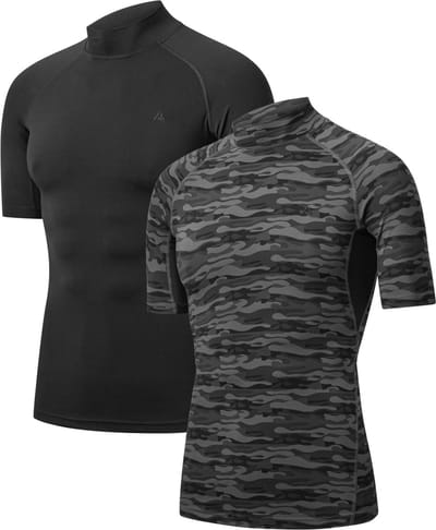 DANISH ENDURANCE Korte Mouw Compressie Top Heren - Onderlaag Shirt - Ademend Mesh - 2-Pack - Zwart/Grijs Camo - Maat XXL