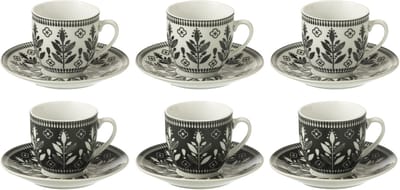 J-Line kop + schoteltje Bladeren - keramiek - zwart/wit - doos van 6