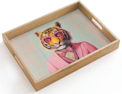 Dienblad hout 40x30 cm - Schootdienblad - Tijger - Strik - Jasje - Roze - Borrelplank rechthoek - Plateau dienbladen