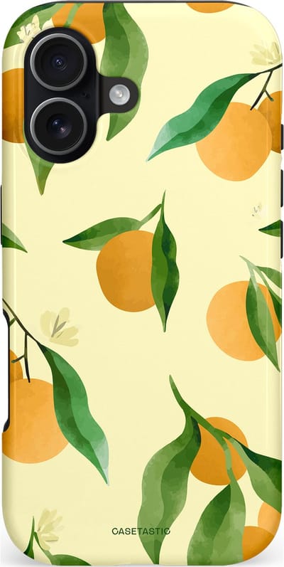 Casetastic hoesje geschikt voor Apple iPhone 17 - MagSafe - Dubbellaagse bescherming - Bladrijke Sinaasappel - Fashion Case - Crème Olijfgroen Okergeel