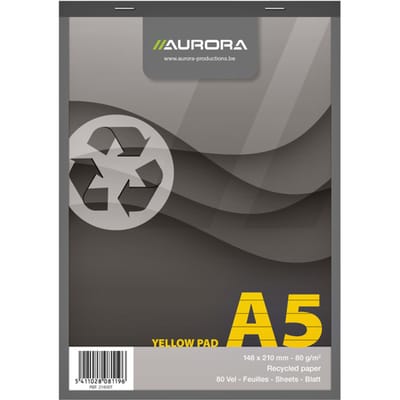 Aurora Schrijfblok - Yellow Pad - Recycled - A5 - Geel - 80g - Gelinieerd - 80 vel