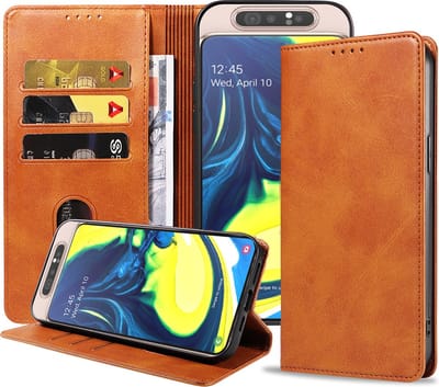 Smartphonica Samsung Galaxy A80 leren hoesje met magnetische sluiting en pashouders – Bruin geschikt voor Samsung Galaxy A80