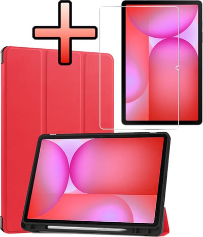 Hoes - Geschikt voor Samsung Galaxy Tab S10 Lite - Met Screenprotector - Trifold Bookcase - Hard Cover Case - Met Uitsparing Geschikt voor S Pen - Hardcover Book - Tablet Hoesje - Rood