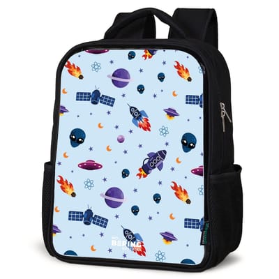 NoBoringSuitcases.com® - Rugzak zwart - Schooltas jongen & meisje - Ruimtevaart en buitenaards patroon op lichtblauw - Rugtas voor school - Boekentas kind - Schoolrugzak - Kinderrugzak