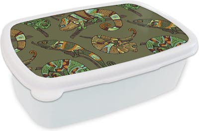 Broodtrommel Wit - Lunchbox - Brooddoos - Patroon - Jungle - Kameleons - 18x12x6 cm - Volwassenen