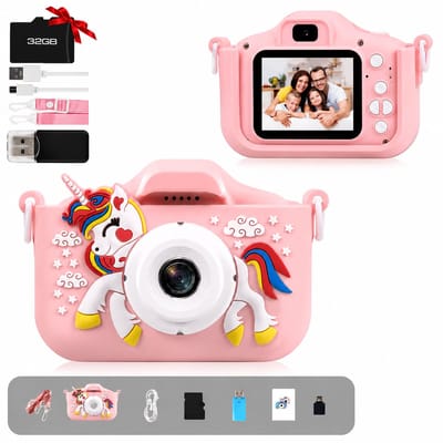 ECTEATOY® Speelgoedcamera voor kinderen - Kindercamera 1080p HD - Met Foto Video en Spelletjes - 32GB SD-kaart - Roze Eenhoorn