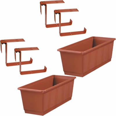 Set van 4 kunststof plantenbakken terracotta rechthoekig 40 cm met 8 verstelbare railing balkonbeugels