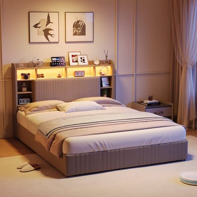 Tweepersoons LED Bed 160x200 cm met Boekenkast en 4 Opbergladen, Gestoffeerd Hoofdbord, USB Oplaadpoorten en RGB Verlichting, Beige