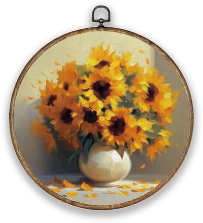 Dailygoods- Muurkunst Ronde Zonnebloemen - Wanddecoratie Hout Natuurlijk - Vintage Canvas Prints - Lichtgevend Geel - Diameter 26 cm - Afneembare Ring 2,5 cm