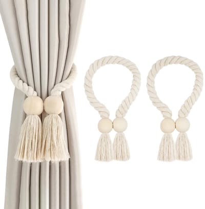 Dailygoody - Magnetische Gordijnband - Gordijnhouder - Handgeweven Katoen - Beige - Boho Decoratie - Sterke Magnetische Kracht - Geschikt voor Thuis e...