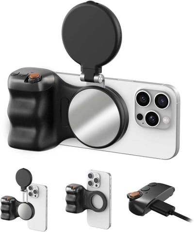 LISM-Leuke camerahouder Geschikt voor je telefoon + magnetische selfielamp (zwart) set, compatibel met iPhone en Android, creatieve set Geschikt voor selfies/fotografie/TikTok/Zoom-gesprekken/video's.