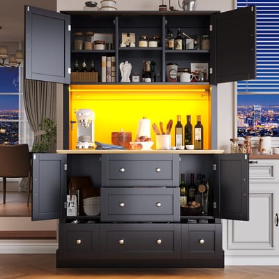 Hoog kast 115x40x180cm - met LED-verlichting - woonkamerkast - met muziek- en lichtfunctie en omvalbeveiliging voor de keuken vitrine - zwart